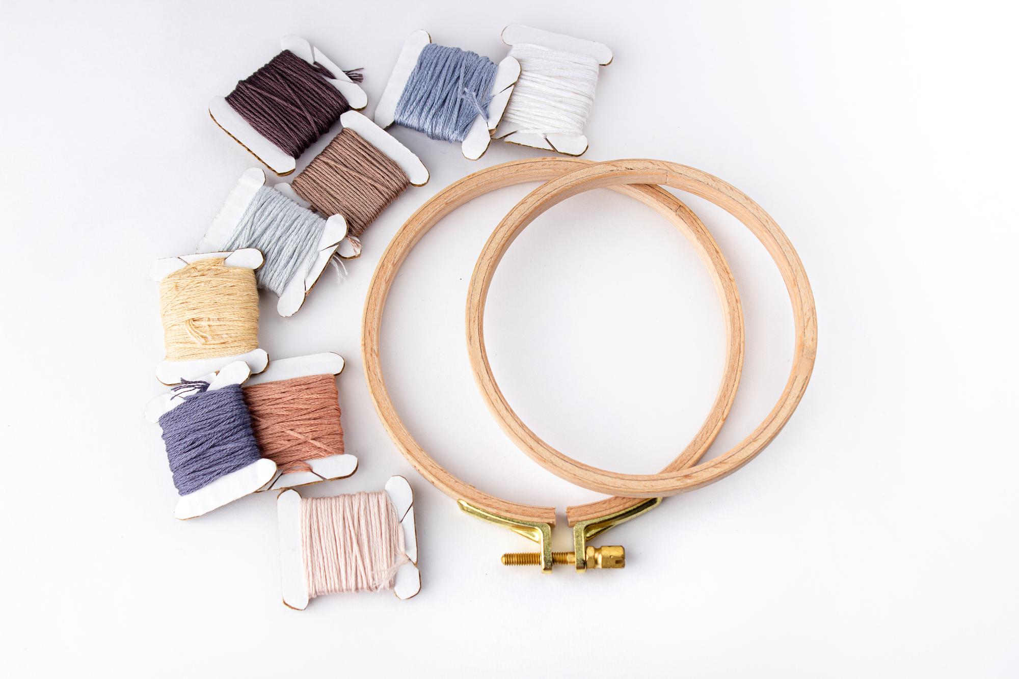 Close-up of hand embroidery hoop with threads